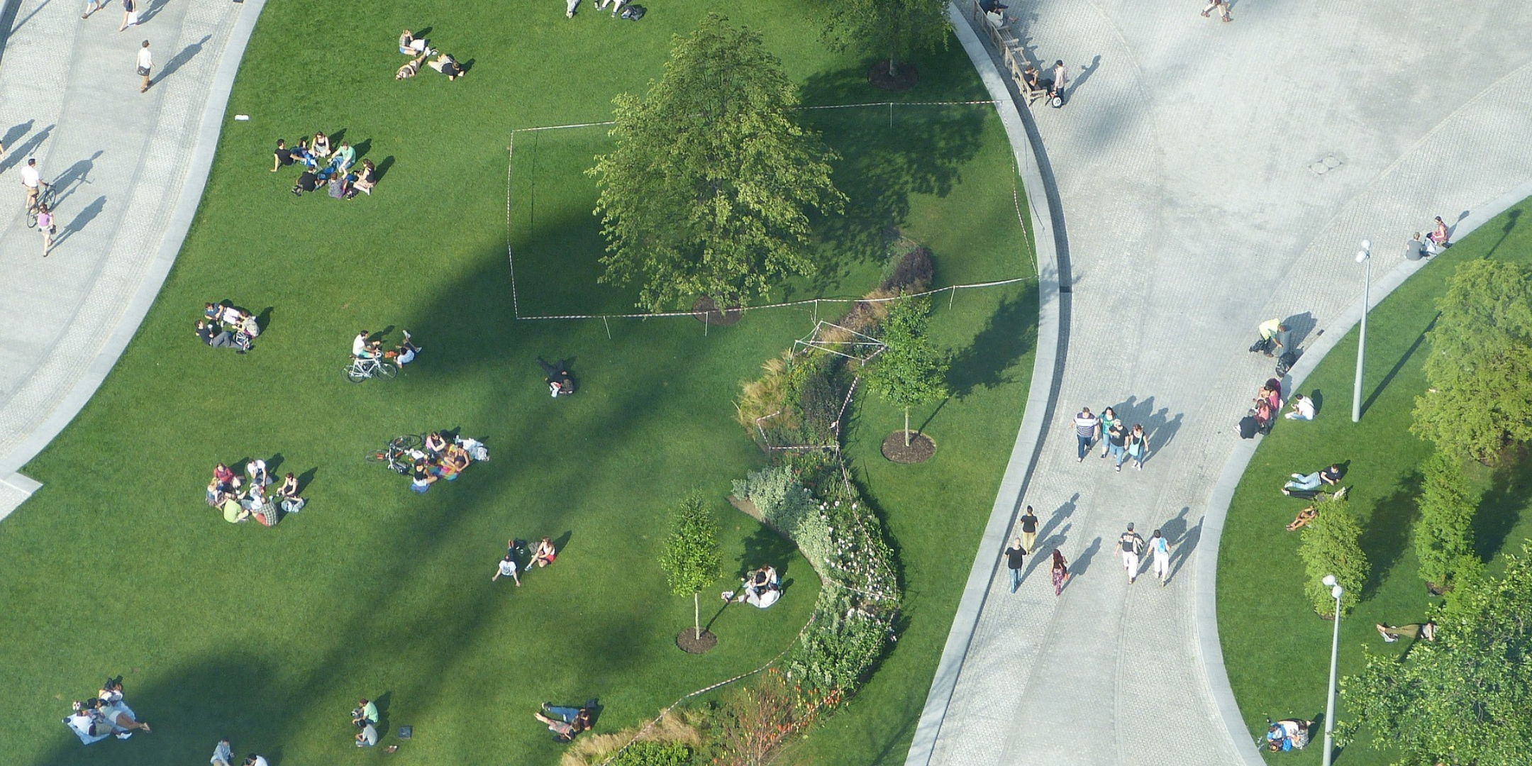 Top-down shot of a busy park